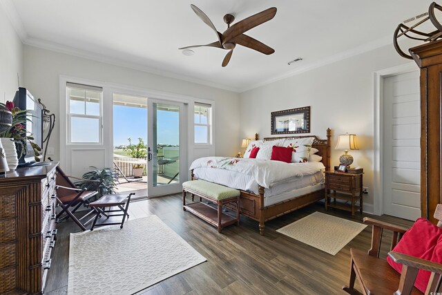 191 Grackle Ln, Pawleys Island, SC 29585 - bedroom with access to exterior, crown molding, dark wood finished floors, and a ceiling fan