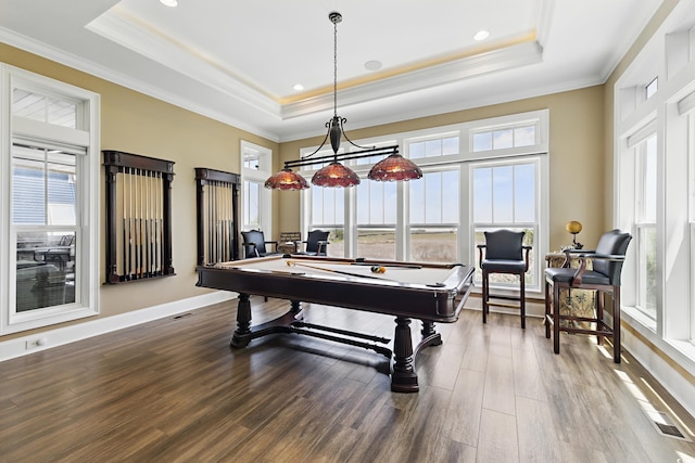 191 Grackle Ln, Pawleys Island, SC 29585 - recreation room featuring a tray ceiling, plenty of natural light, wood finished floors, crown molding, and billiards table