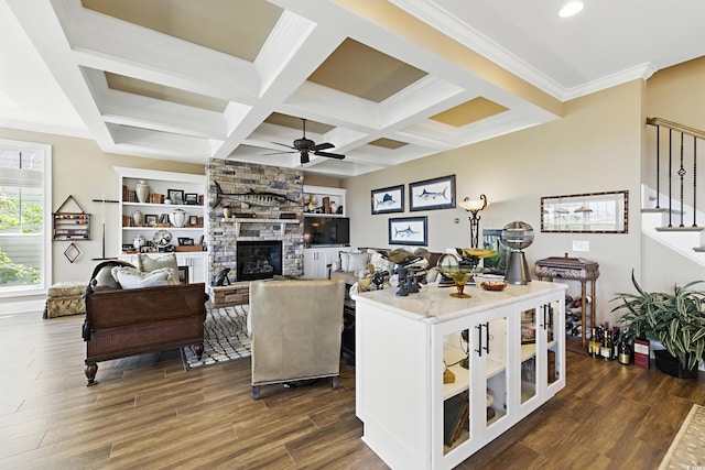 191 Grackle Ln, Pawleys Island, SC 29585 - living area featuring ceiling fan, stairs, dark wood-style flooring, a fireplace, and beamed ceiling
