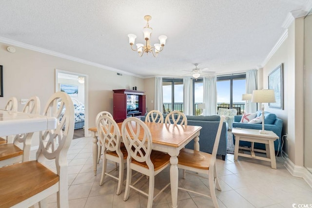 341 S Dunes Dr Unit C-34, Pawleys Island, SC 29585 - dining room featuring crown molding, a ceiling fan, light tile patterned floors, a chandelier, and a textured ceiling
