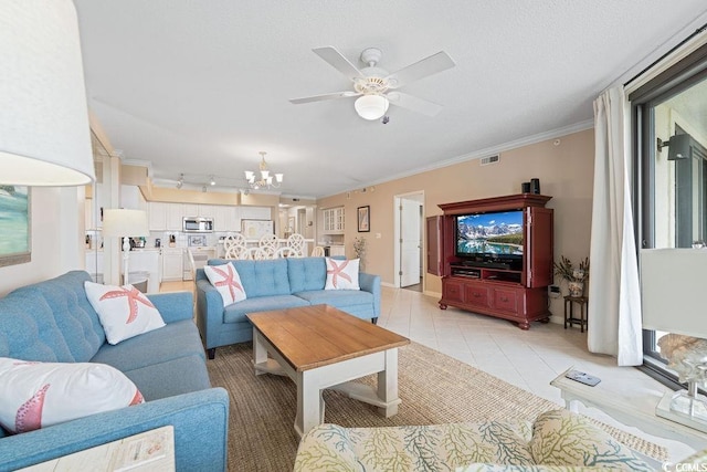 341 S Dunes Dr Unit C-34, Pawleys Island, SC 29585 - living area featuring ornamental molding, a chandelier, a ceiling fan, and light tile patterned floors
