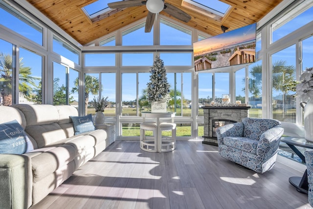 2653 Orion Loop, Myrtle Beach, SC 29577 - sunroom / solarium featuring a skylight, wooden ceiling, wood finished floors, and high vaulted ceiling