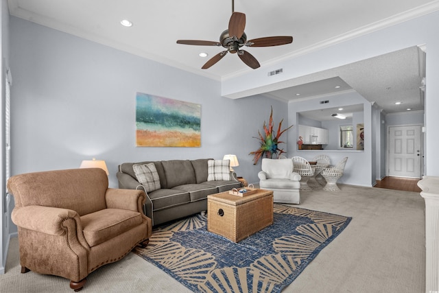 1551 Spinnaker Dr Unit 5312, North Myrtle Beach, SC 29582 - carpeted living area featuring ornamental molding, ceiling fan, and recessed lighting