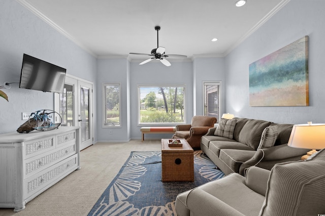 1551 Spinnaker Dr Unit 5312, North Myrtle Beach, SC 29582 - living room featuring carpet floors, plenty of natural light, ceiling fan, crown molding, and recessed lighting