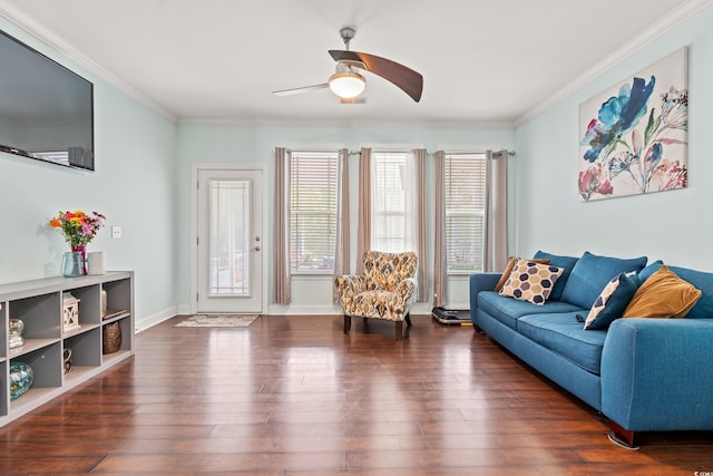 1051 Academy Dr, Conway, SC 29526 - living area featuring ceiling fan, crown molding, hardwood / wood-style floors, and baseboards