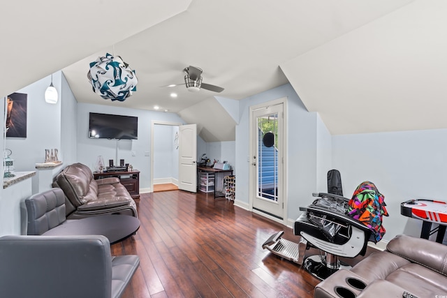 1051 Academy Dr, Conway, SC 29526 - living area featuring a ceiling fan, lofted ceiling, dark wood-style floors, and baseboards