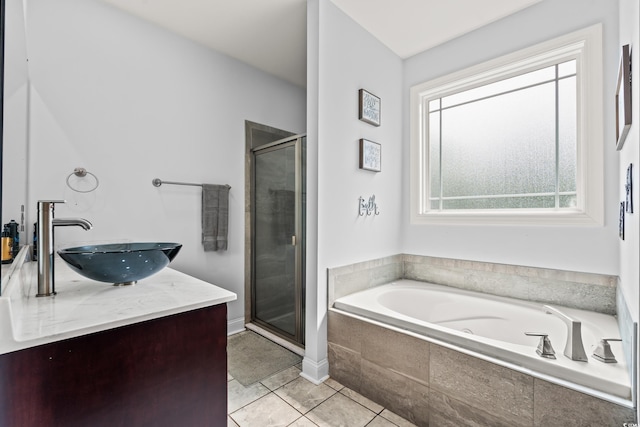 1051 Academy Dr, Conway, SC 29526 - full bathroom featuring a garden tub, a shower stall, vanity, and tile patterned floors