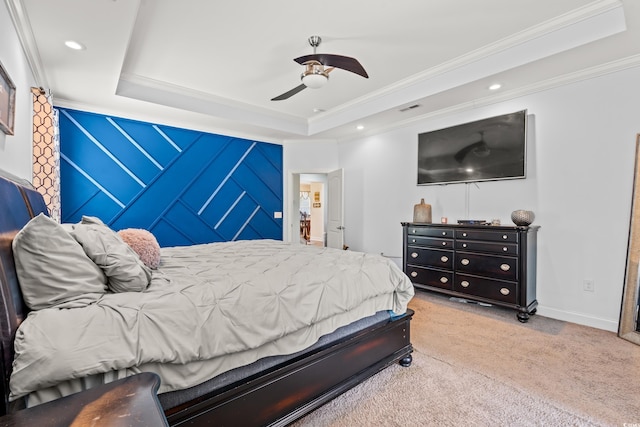 1051 Academy Dr, Conway, SC 29526 - carpeted bedroom featuring a tray ceiling, ornamental molding, recessed lighting, baseboards, and a ceiling fan