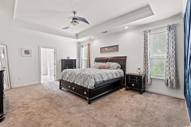 1051 Academy Dr, Conway, SC 29526 - bedroom featuring a raised ceiling, ornamental molding, multiple windows, carpet flooring, and recessed lighting