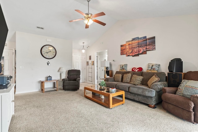 1068 Lizzie Ln, Surfside Beach, SC 29575 - carpeted living area featuring a ceiling fan, high vaulted ceiling, and baseboards