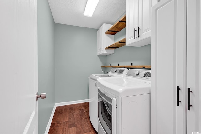 553 Fox Chase Dr, Conway, SC 29527 - laundry area with cabinet space, dark wood-style floors, baseboards, a textured ceiling, and separate washer and dryer