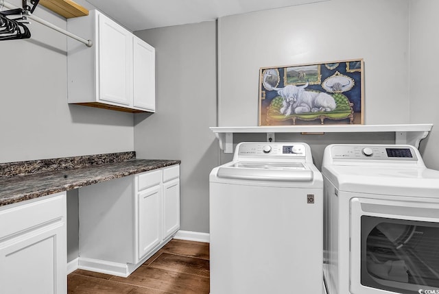 408 Carmello Cir, Conway, SC 29526 - washroom featuring separate washer and dryer, cabinet space, dark wood finished floors, and baseboards