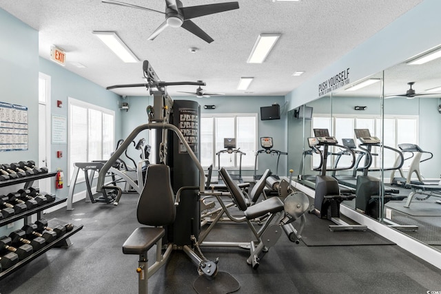 9776 Leyland Dr Unit 2, Myrtle Beach, SC 29572 - exercise room featuring a ceiling fan, plenty of natural light, and a textured ceiling