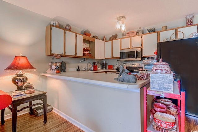 510 Fairwood Lakes Dr Unit 15-I, Myrtle Beach, SC 29588 - kitchen with appliances with stainless steel finishes, a sink, light countertops, light wood-type flooring, and a peninsula