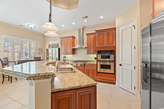 7545 Ventura Ct, Myrtle Beach, SC 29572 - kitchen featuring stainless steel appliances, wall chimney exhaust hood, a sink, light tile patterned floors, and ornamental molding