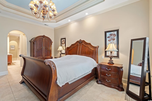 7545 Ventura Ct, Myrtle Beach, SC 29572 - bedroom featuring a chandelier, a raised ceiling, light tile patterned flooring, arched walkways, and ornamental molding