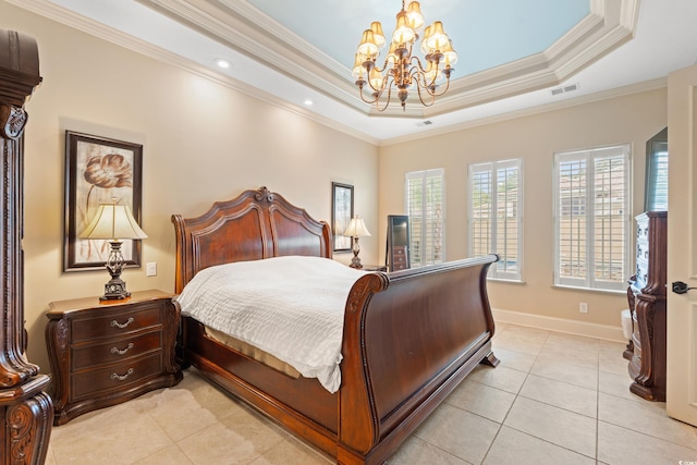 7545 Ventura Ct, Myrtle Beach, SC 29572 - bedroom with a chandelier, light tile patterned flooring, crown molding, a tray ceiling, and baseboards