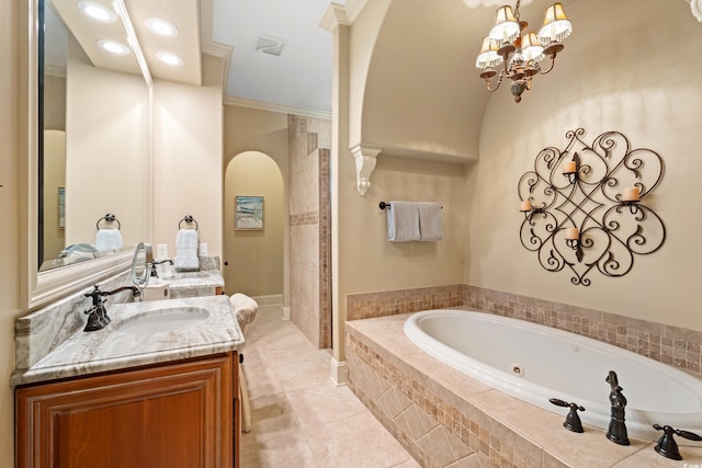7545 Ventura Ct, Myrtle Beach, SC 29572 - full bathroom featuring a jetted tub, double vanity, tile patterned flooring, and a chandelier
