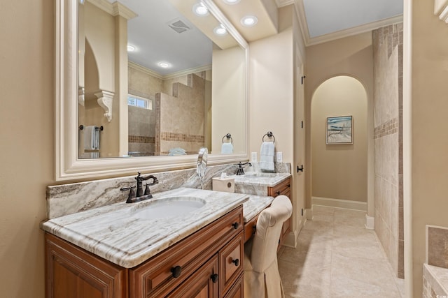 7545 Ventura Ct, Myrtle Beach, SC 29572 - full bath with two vanities, crown molding, and tiled shower