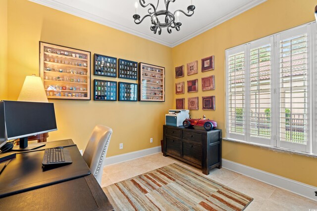 7545 Ventura Ct, Myrtle Beach, SC 29572 - office area featuring tile patterned flooring, a chandelier, healthy amount of natural light, ornamental molding, and baseboards