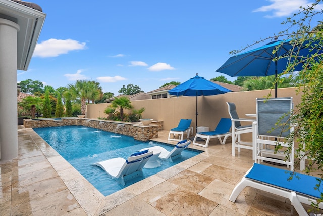 7545 Ventura Ct, Myrtle Beach, SC 29572 - view of swimming pool featuring a patio, a fenced backyard, and a pool with connected hot tub