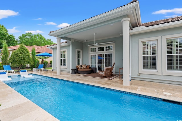 7545 Ventura Ct, Myrtle Beach, SC 29572 - outdoor pool featuring a patio, a ceiling fan, and outdoor lounge area