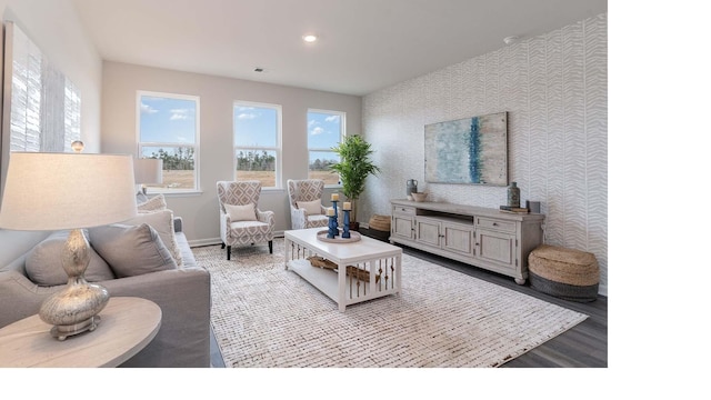 2750 Riverboat Way, Conway, SC 29526 - living area featuring wallpapered walls, recessed lighting, and wood finished floors