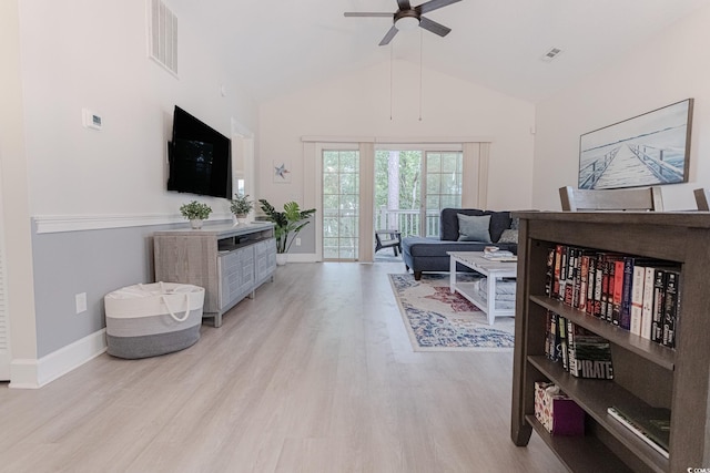 698 Riverwalk Dr Unit 304, Myrtle Beach, SC 29579 - living room featuring wood finished floors, ceiling fan, vaulted ceiling, and baseboards