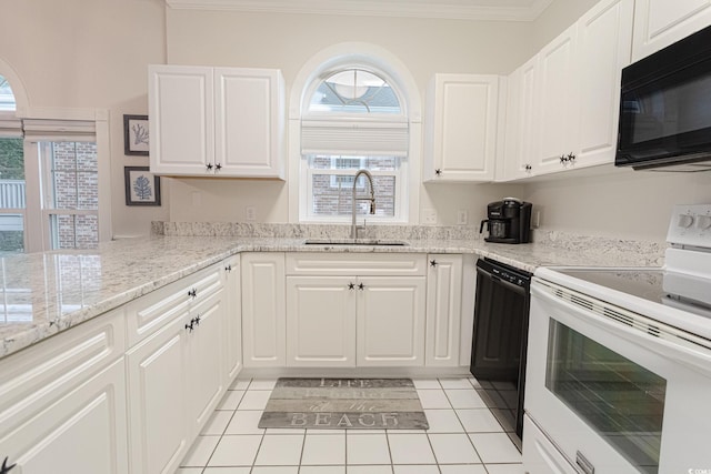 698 Riverwalk Dr Unit 304, Myrtle Beach, SC 29579 - kitchen with black appliances, a sink, ornamental molding, white cabinetry, and light tile patterned flooring