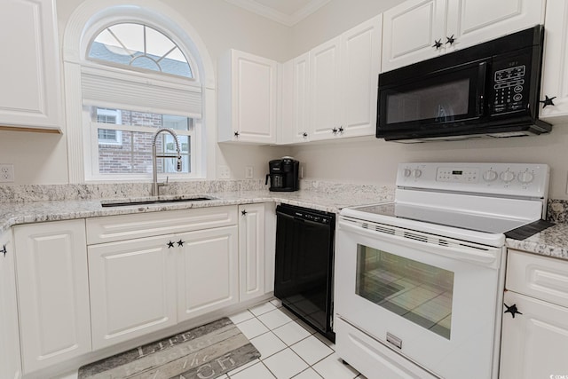 698 Riverwalk Dr Unit 304, Myrtle Beach, SC 29579 - kitchen featuring black appliances, a sink, ornamental molding, white cabinets, and light stone counters