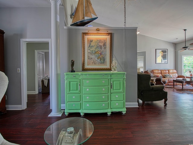 1635 Southwood Dr, Surfside Beach, SC 29575 - living area with vaulted ceiling, decorative columns, wood finished floors, and a ceiling fan