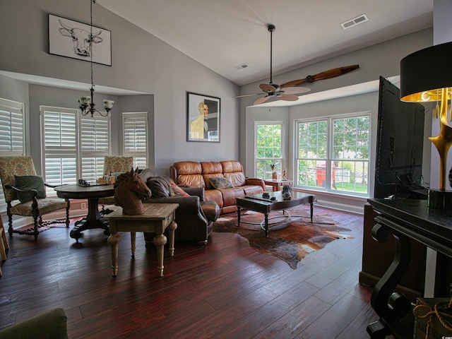 1635 Southwood Dr, Surfside Beach, SC 29575 - living room with ceiling fan, dark wood-style flooring, a chandelier, and high vaulted ceiling