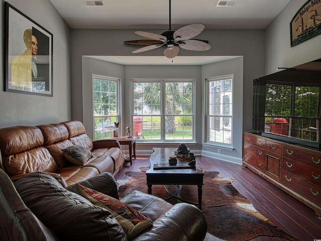 1635 Southwood Dr, Surfside Beach, SC 29575 - living room with dark wood-style floors and ceiling fan