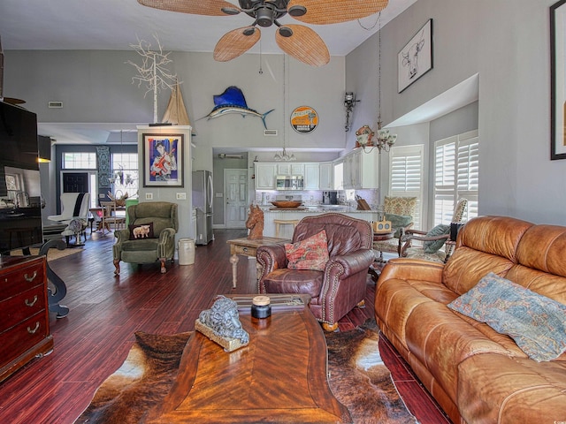 1635 Southwood Dr, Surfside Beach, SC 29575 - living area with a high ceiling, a ceiling fan, and wood finished floors
