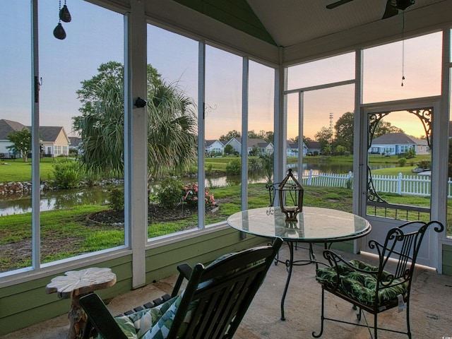 1635 Southwood Dr, Surfside Beach, SC 29575 - sunroom with a water view, healthy amount of natural light, lofted ceiling, and ceiling fan