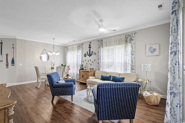 4648 Lightkeepers Way Unit 39A, Little River, SC 29566 - living area with wallpapered walls, crown molding, wood finished floors, a chandelier, and a ceiling fan
