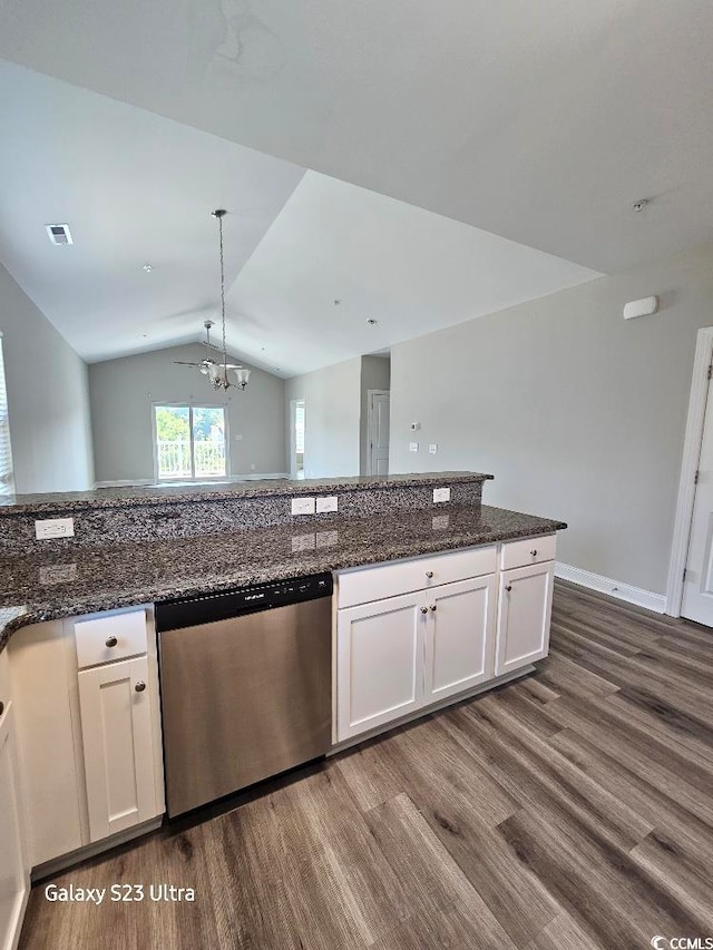 340 Kiskadee Loop, Conway, SC 29526 - kitchen featuring dishwasher, dark wood-style flooring, lofted ceiling, a chandelier, and white cabinets