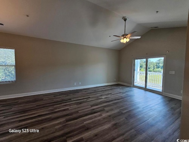 340 Kiskadee Loop, Conway, SC 29526 - spare room featuring a ceiling fan, dark wood finished floors, baseboards, high vaulted ceiling, and fire sprinkler in ceiling