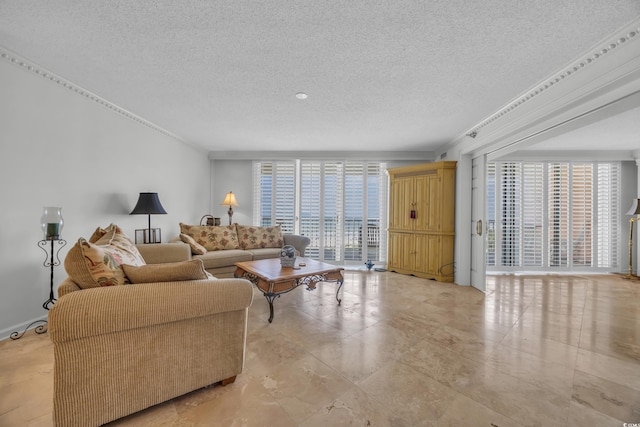 145 S Dunes Dr Unit 308, Pawleys Island, SC 29585 - living room with a textured ceiling and crown molding