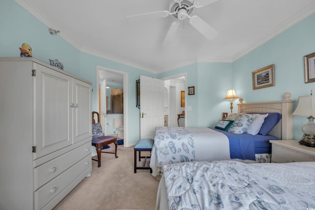 145 S Dunes Dr Unit 308, Pawleys Island, SC 29585 - bedroom with light colored carpet, ornamental molding, connected bathroom, and a ceiling fan