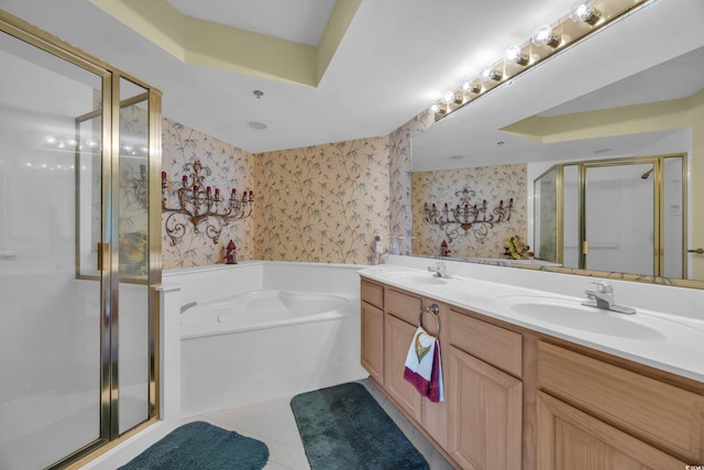 145 S Dunes Dr Unit 308, Pawleys Island, SC 29585 - bathroom with a stall shower, double vanity, a garden tub, wallpapered walls, and tile patterned floors