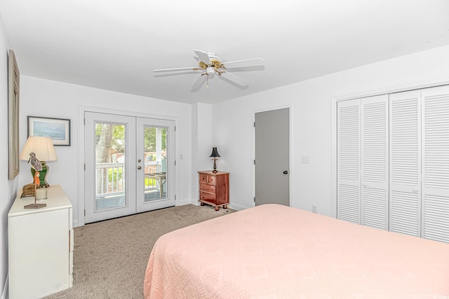 4309 Beverly Ct, North Myrtle Beach, SC 29582 - bedroom with french doors, access to exterior, light colored carpet, and ceiling fan