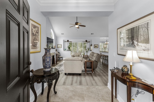 341 Bahama Dr, Murrells Inlet, SC 29576 - living area with a ceiling fan, light tile patterned flooring, and lofted ceiling