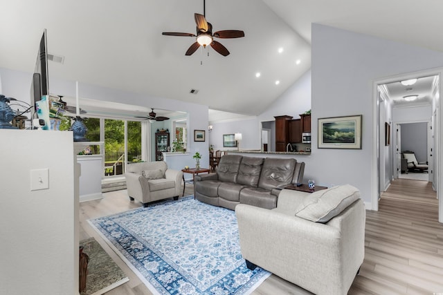 341 Bahama Dr, Murrells Inlet, SC 29576 - living area with a ceiling fan, high vaulted ceiling, light wood-type flooring, baseboards, and recessed lighting