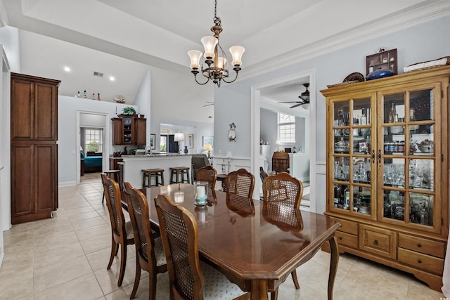 341 Bahama Dr, Murrells Inlet, SC 29576 - dining room featuring a chandelier, a ceiling fan, light tile patterned floors, plenty of natural light, and lofted ceiling
