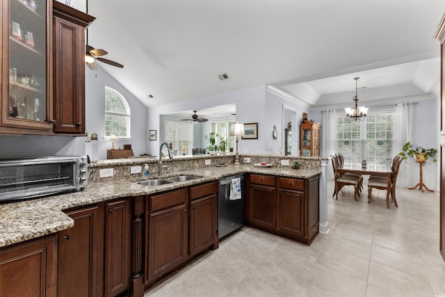 341 Bahama Dr, Murrells Inlet, SC 29576 - kitchen with a sink, stainless steel dishwasher, a ceiling fan, light stone counters, and vaulted ceiling