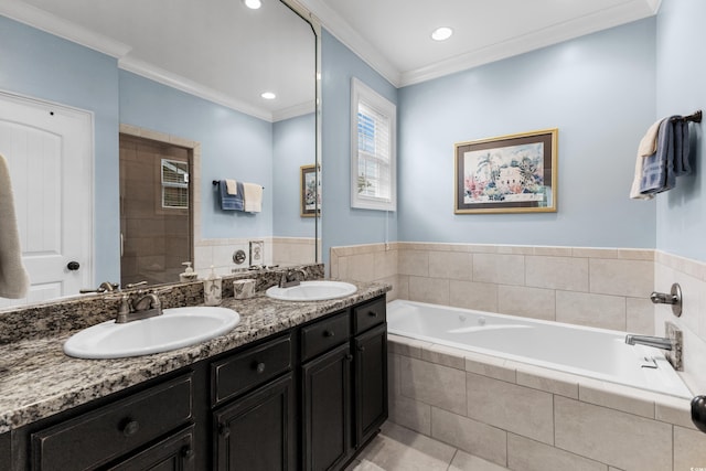 341 Bahama Dr, Murrells Inlet, SC 29576 - full bathroom featuring a bath, double vanity, tile patterned flooring, and ornamental molding
