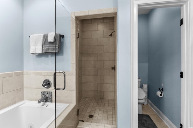 341 Bahama Dr, Murrells Inlet, SC 29576 - bathroom featuring toilet, a stall shower, a tub with jets, and tile patterned floors
