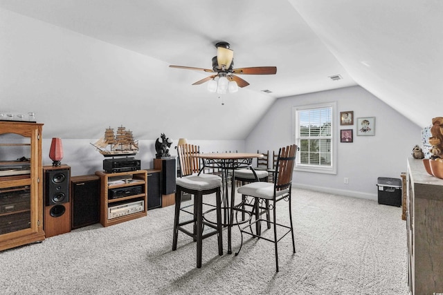 341 Bahama Dr, Murrells Inlet, SC 29576 - dining space featuring carpet floors, lofted ceiling, ceiling fan, and baseboards