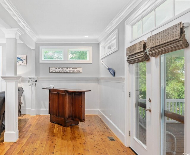 17 Trigger Fish Ln, Murrells Inlet, SC 29576 - washroom with crown molding, wood-type flooring, wainscoting, and decorative columns